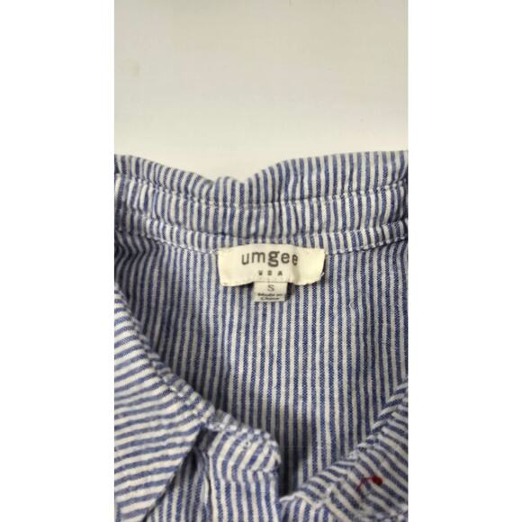 Umgee USA Striped Button Up Tunic chambray S Blue Lace Hem Tab Sleeve w/ pockets - Picture 5 of 7